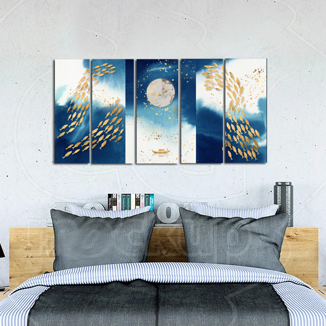 Looife Blue and Gold Fish Wall Paintings - With 5 Panel