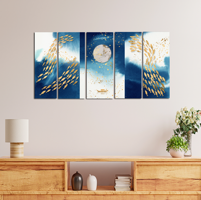 Looife Blue and Gold Fish Wall Paintings - With 5 Panel