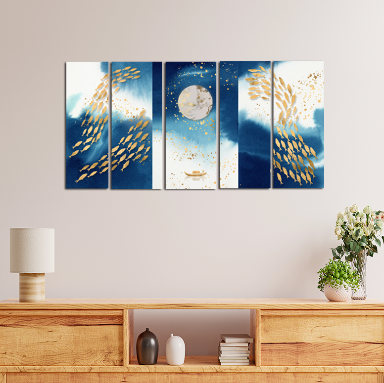Looife Blue and Gold Fish Wall Paintings - With 5 Panel