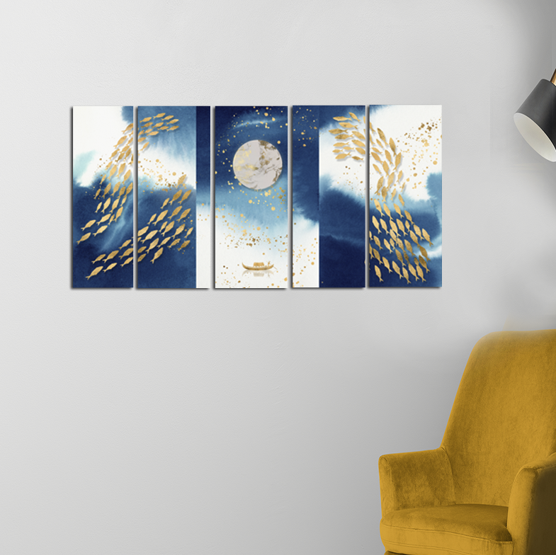 Looife Blue and Gold Fish Wall Paintings - With 5 Panel