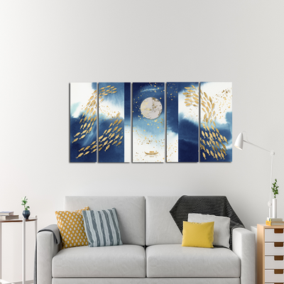 Looife Blue and Gold Fish Wall Paintings - With 5 Panel