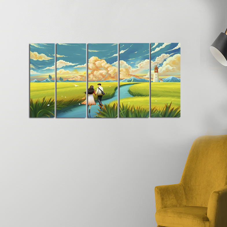 Lovely Couple Enjoying Nature Canvas Wall Painting - With 5 Panel