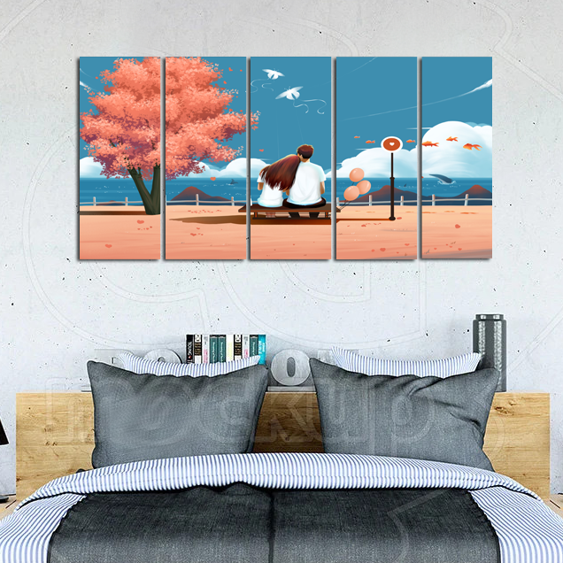 Love Couple Seating On Sea Side Illustration Wall Painting - With 5 Panel