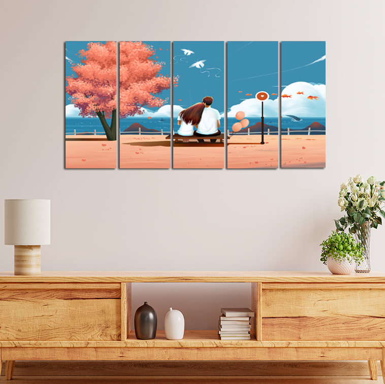 Love Couple Seating On Sea Side Illustration Wall Painting - With 5 Panel