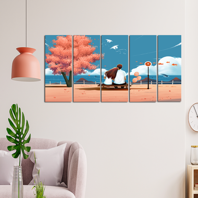 Love Couple Seating On Sea Side Illustration Wall Painting - With 5 Panel