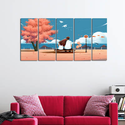 Love Couple Seating On Sea Side Illustration Wall Painting - With 5 Panel