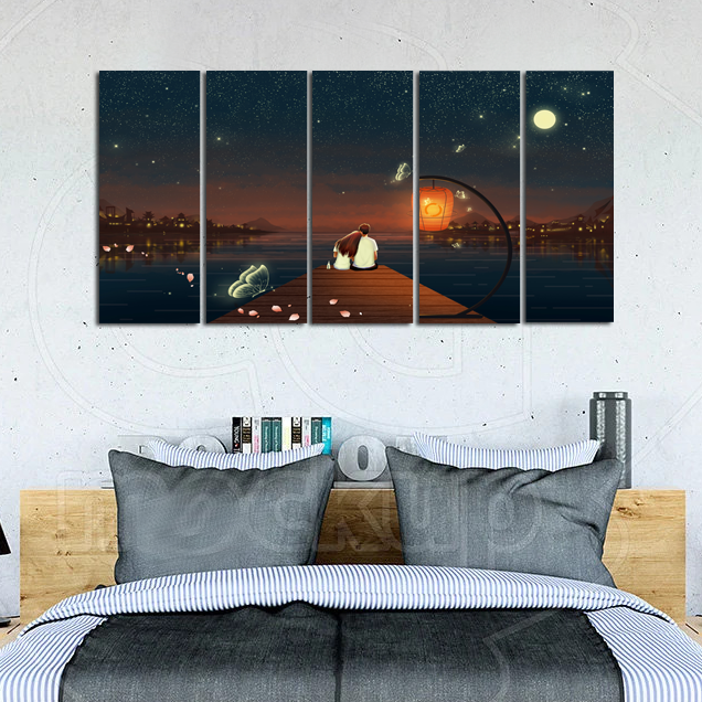 Couple Love Scenery Canvas Wall Painting - With 5 Panel