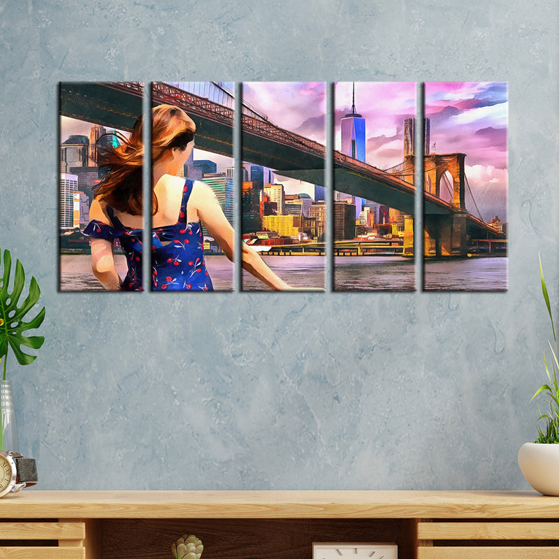 Girl Standing Into Brooklyn Bridge Canvas Wall Painting -With 5 Panel