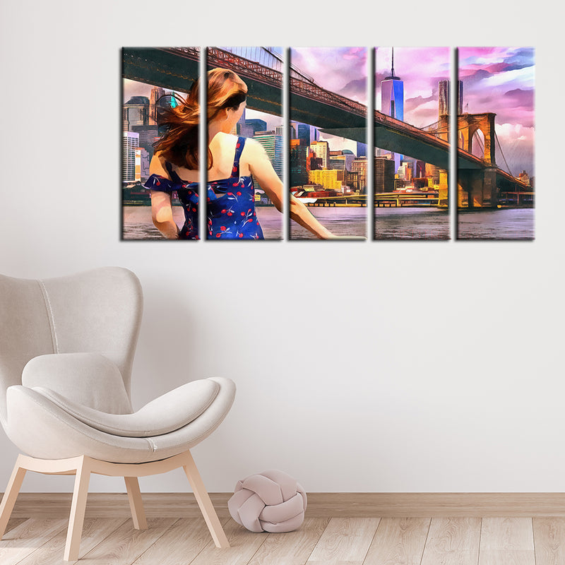 Girl Standing Into Brooklyn Bridge Canvas Wall Painting -With 5 Panel