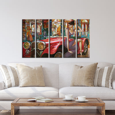 Girl With Car Abstract Wood Framed Canvas Wall Painting- With 5 Frames