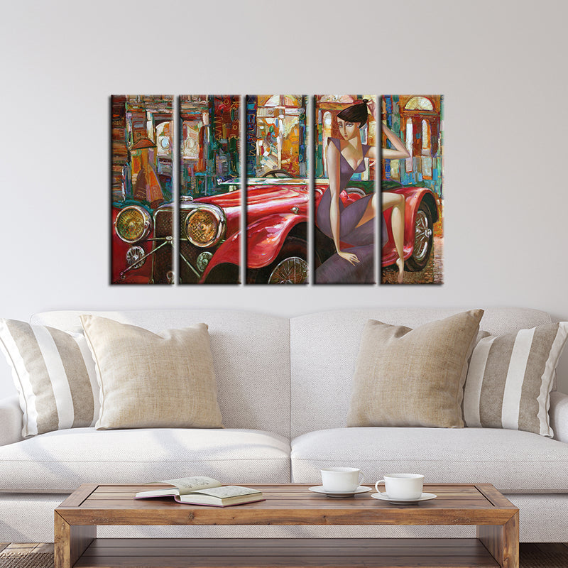 Girl With Car Abstract Wood Framed Canvas Wall Painting- With 5 Frames