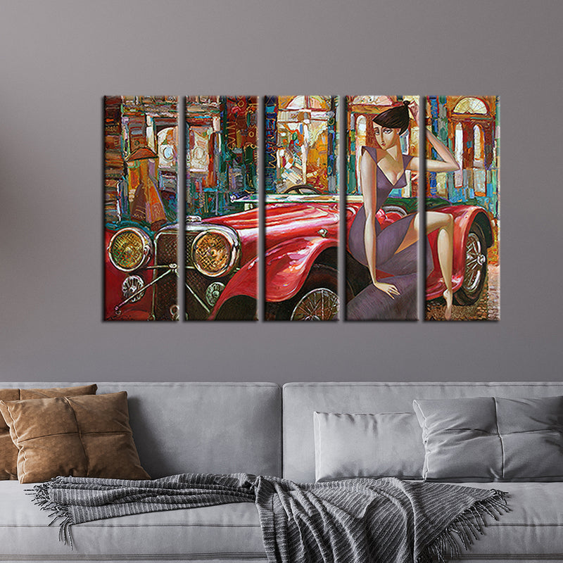 Girl With Car Abstract Wood Framed Canvas Wall Painting- With 5 Frames