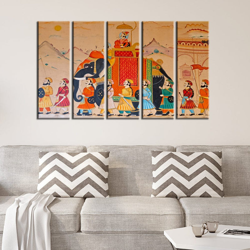 decorglance Home & Garden > Decor > Artwork > Posters, Prints, & Visual Artwork Panel Painting Traditional Rajasthani Wall Street Art Canvas Wall Painting- With 5 Frames