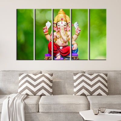 Cute Lord Ganesha Canvas Wood Framed Canvas Wall Painting- With 5 Frames