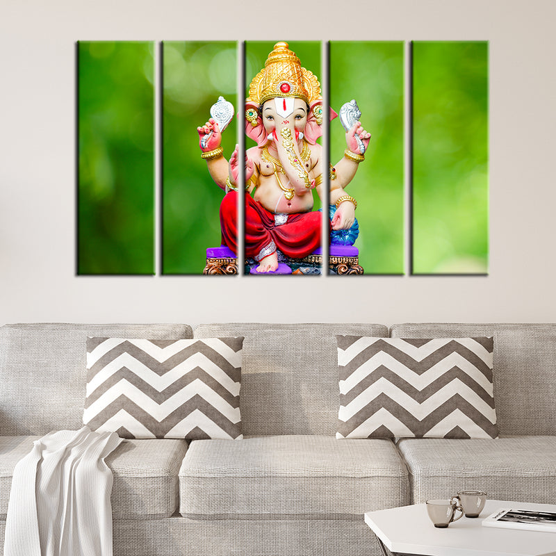 Cute Lord Ganesha Canvas Wood Framed Canvas Wall Painting- With 5 Frames