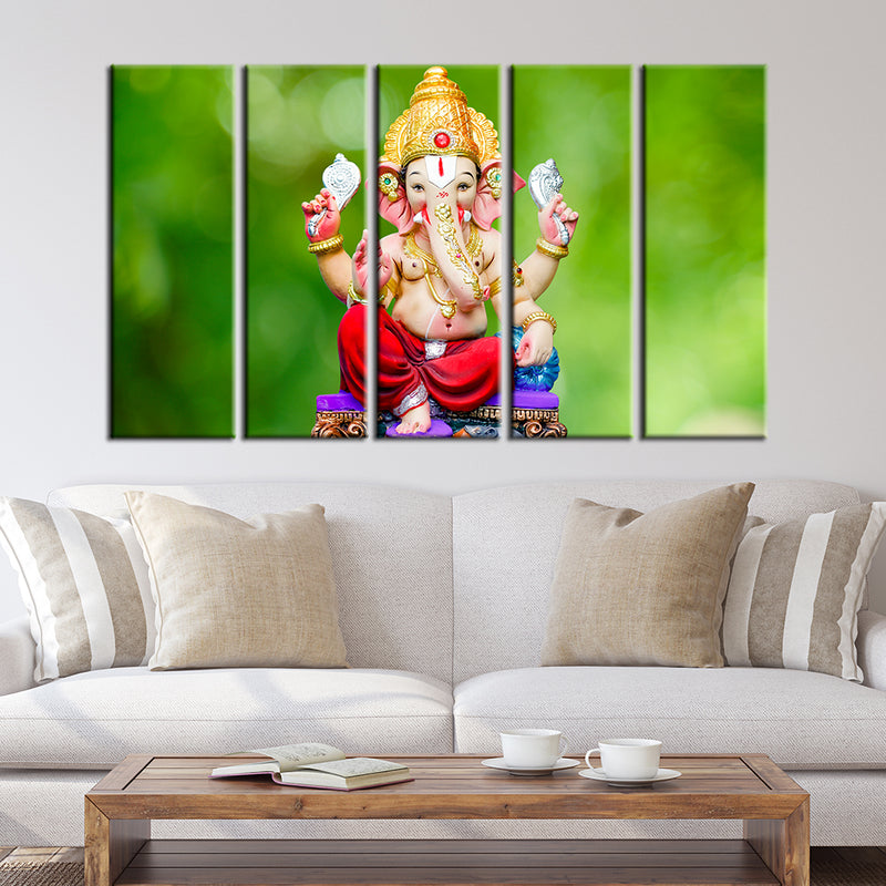 Cute Lord Ganesha Canvas Wood Framed Canvas Wall Painting- With 5 Frames