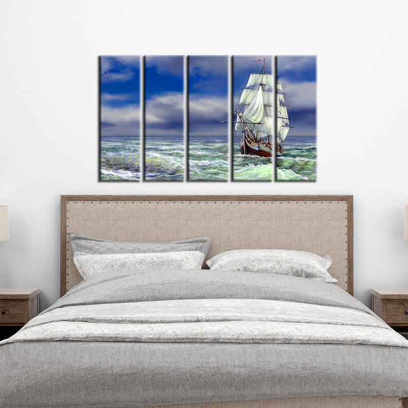 Old Ship On The Sea Canvas Wall Painting- With 5 Frames