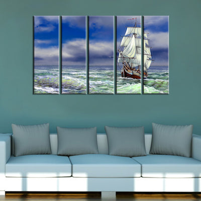 Old Ship On The Sea Canvas Wall Painting- With 5 Frames