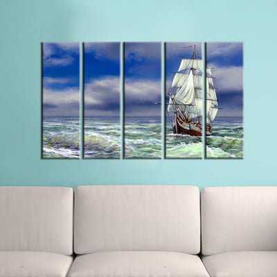 Old Ship On The Sea Canvas Wall Painting- With 5 Frames