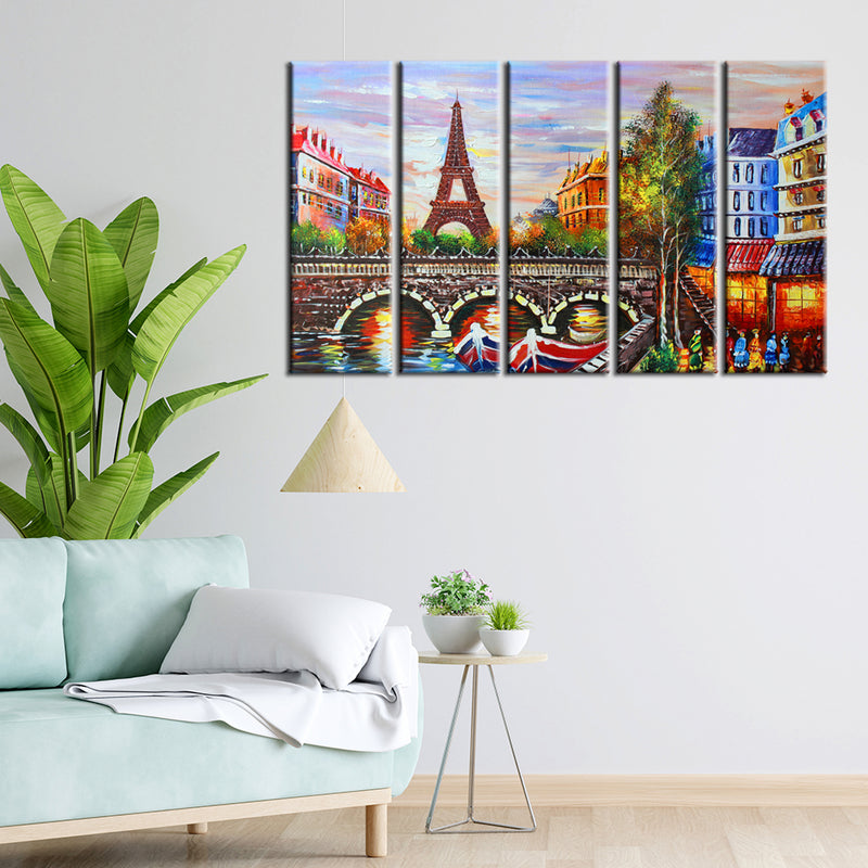 Eiffel Tower Sea View Canvas Wall Painting- With 5 Frames