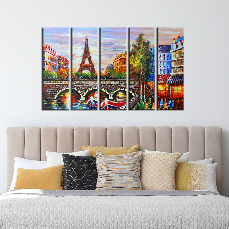 Eiffel Tower Sea View Canvas Wall Painting- With 5 Frames