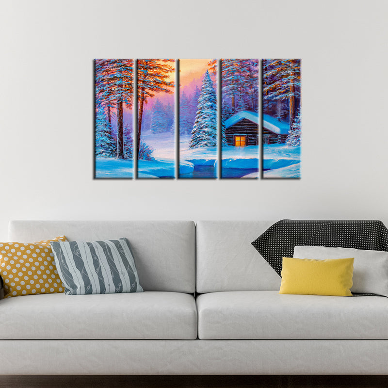 Cold Winter Sunrise Scenery Canvas Wall Painting- With 5 Frames