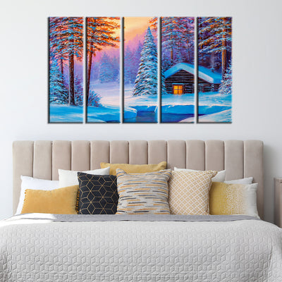 Cold Winter Sunrise Scenery Canvas Wall Painting- With 5 Frames