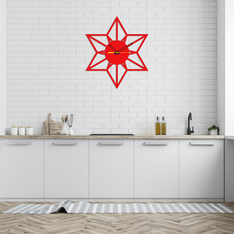 Beautiful Star Design Red Color Wooden Wall Clock