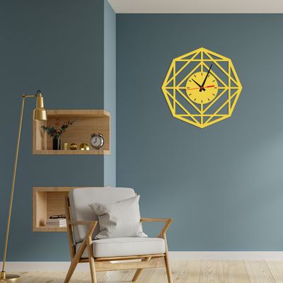 Hexagonal Design Golden Color Wooden Wall Clock