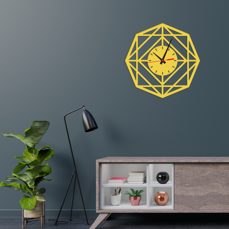 Hexagonal Design Golden Color Wooden Wall Clock