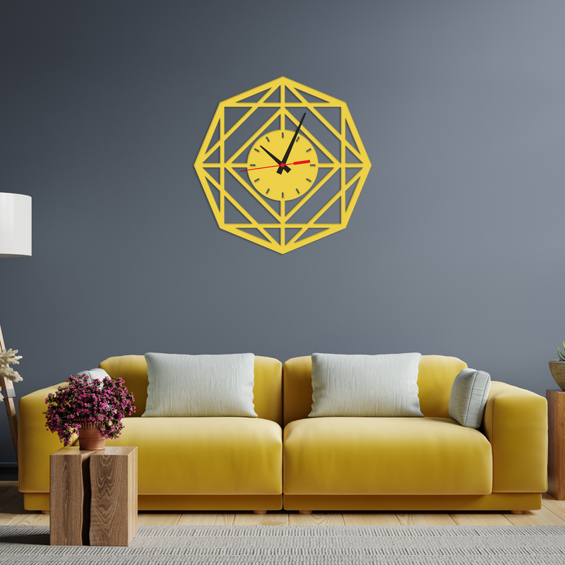 Hexagonal Design Golden Color Wooden Wall Clock