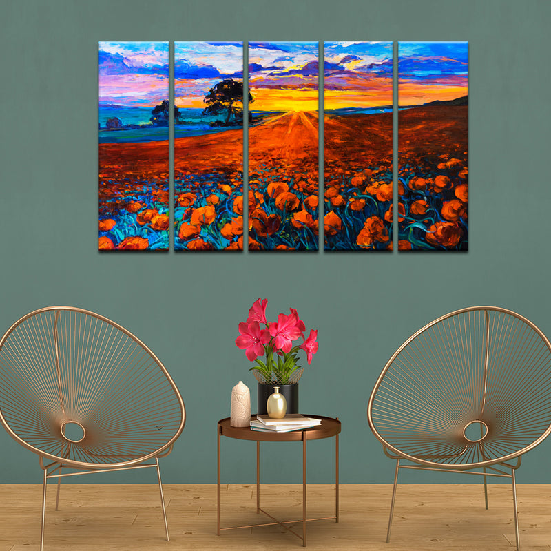 Flower Red Rose Canvas Wall Painting- With 5 Panel