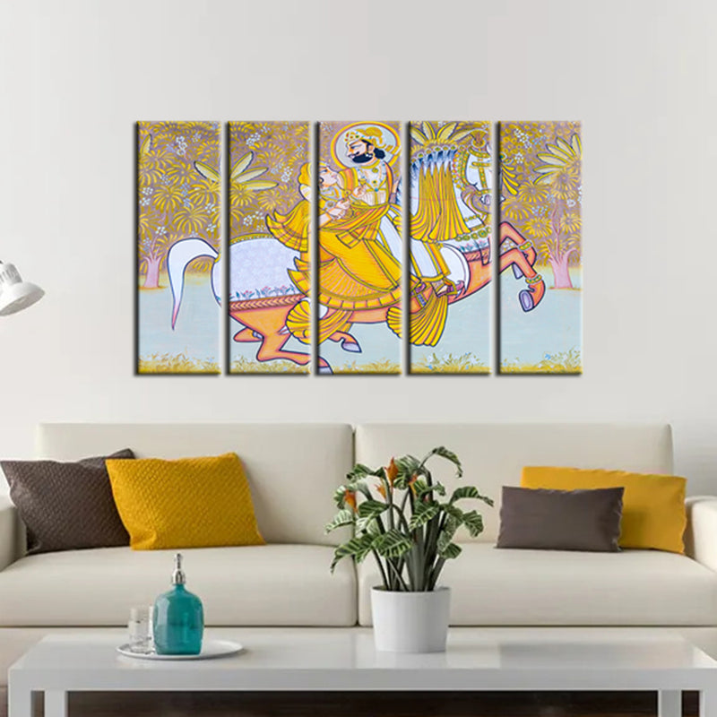 King and Queen Riding Horse Canvas  Wall Painting- With 5 Frames