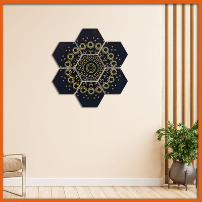 DecorGlance Arts & Entertainment Black & Golden Mandala Art Hexagonal Canvas Wall Painting - 7pcs