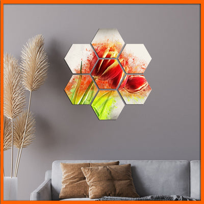 Tulip Flower Hexagonal Canvas Wall Painting - 7pcs