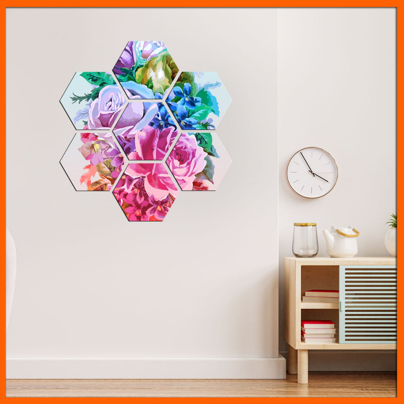DecorGlance Arts & Entertainment Water Color Rose Hexagonal Canvas Wall Painting - 7pcs