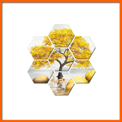 Yellow Tree Hexagonal Canvas Wall Painting - 7pcs