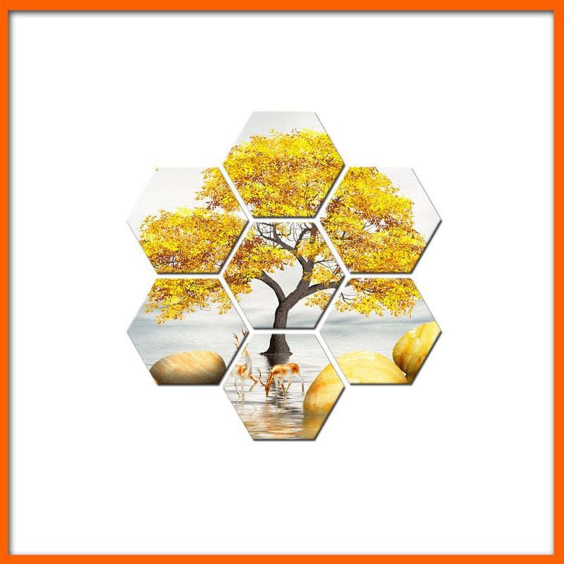 Yellow Tree Hexagonal Canvas Wall Painting - 7pcs