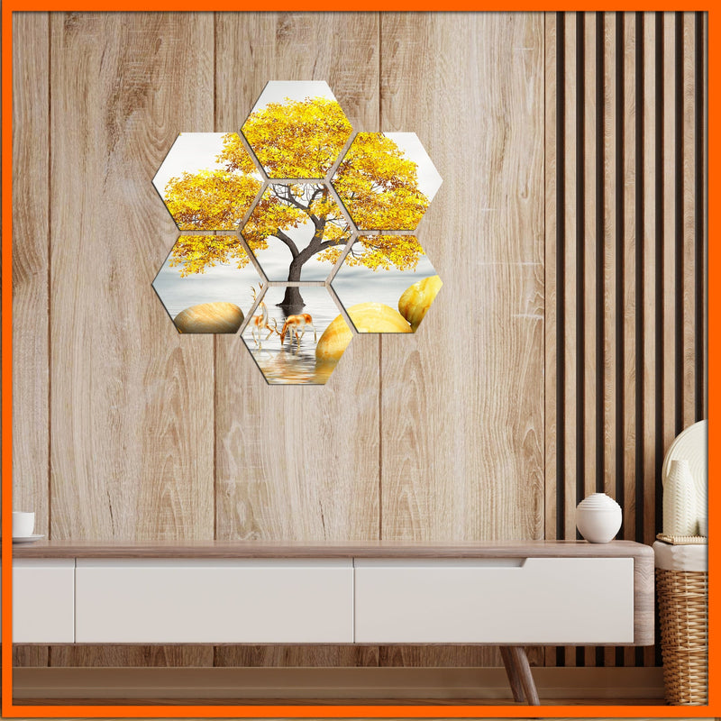 Yellow Tree Hexagonal Canvas Wall Painting - 7pcs