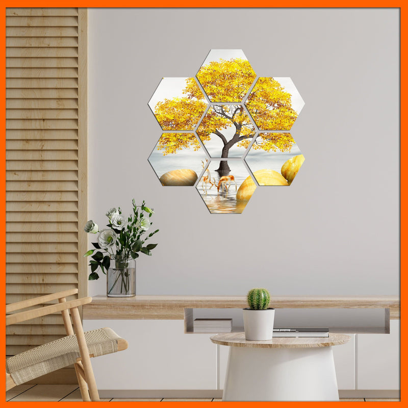 Yellow Tree Hexagonal Canvas Wall Painting - 7pcs