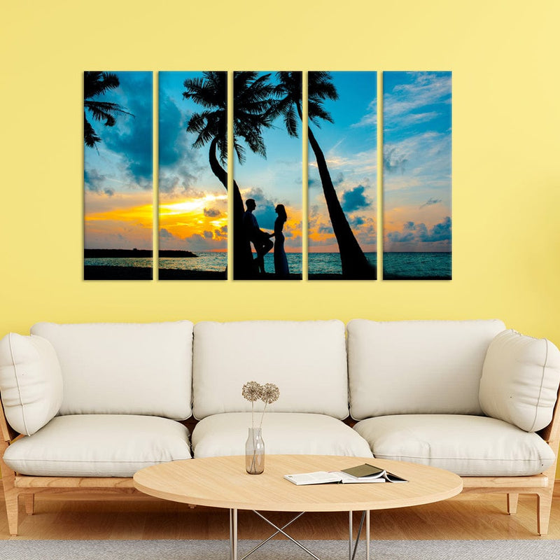 DecorGlance Beach Paintings Romantic Couple In Beach Canvas Wall Painting - With 5 Panel