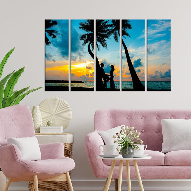DecorGlance Beach Paintings Romantic Couple In Beach Canvas Wall Painting - With 5 Panel