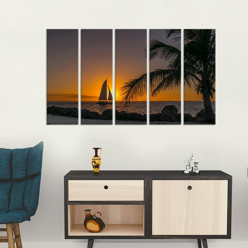 DecorGlance Beach Paintings Row Boat In Beach During Sunset Canvas Wall Painting - With 5 Panel