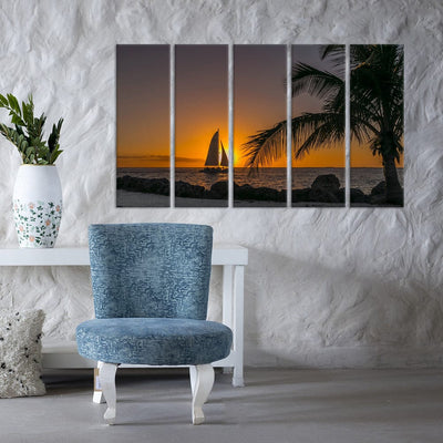 DecorGlance Beach Paintings Row Boat In Beach During Sunset Canvas Wall Painting - With 5 Panel