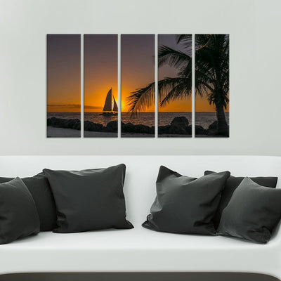 DecorGlance Beach Paintings Row Boat In Beach During Sunset Canvas Wall Painting - With 5 Panel
