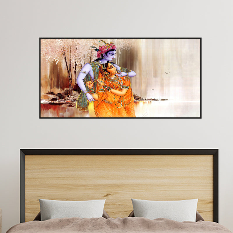 Artistic Radha Krishna Playing Flute Floating Frame Canvas Wall Painting
