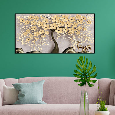 Beautiful Tree With Golden Flower Canvas Floating Frame Wall Painting