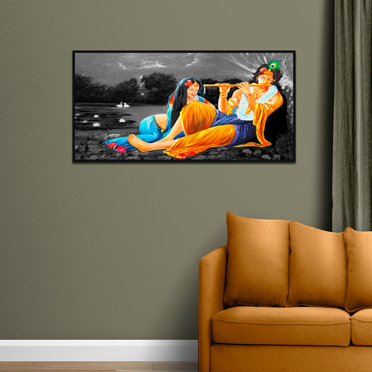 Krishna And Radha In Gray Background Canvas Floating Frame Wall Painting