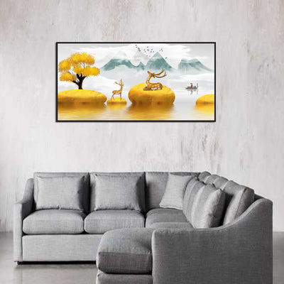 Illustration Of Golden Tree & Deer On River Canvas Floating Frame Wall Painting