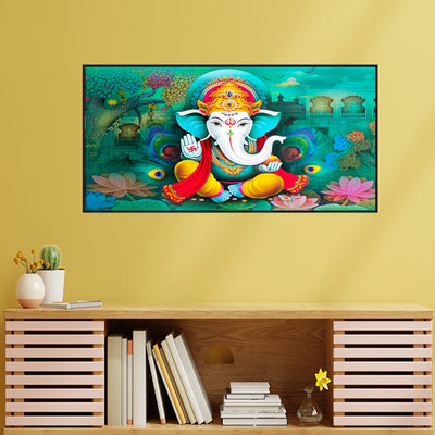 Blue Background Ganesha Floating Frame Canvas Wall Painting